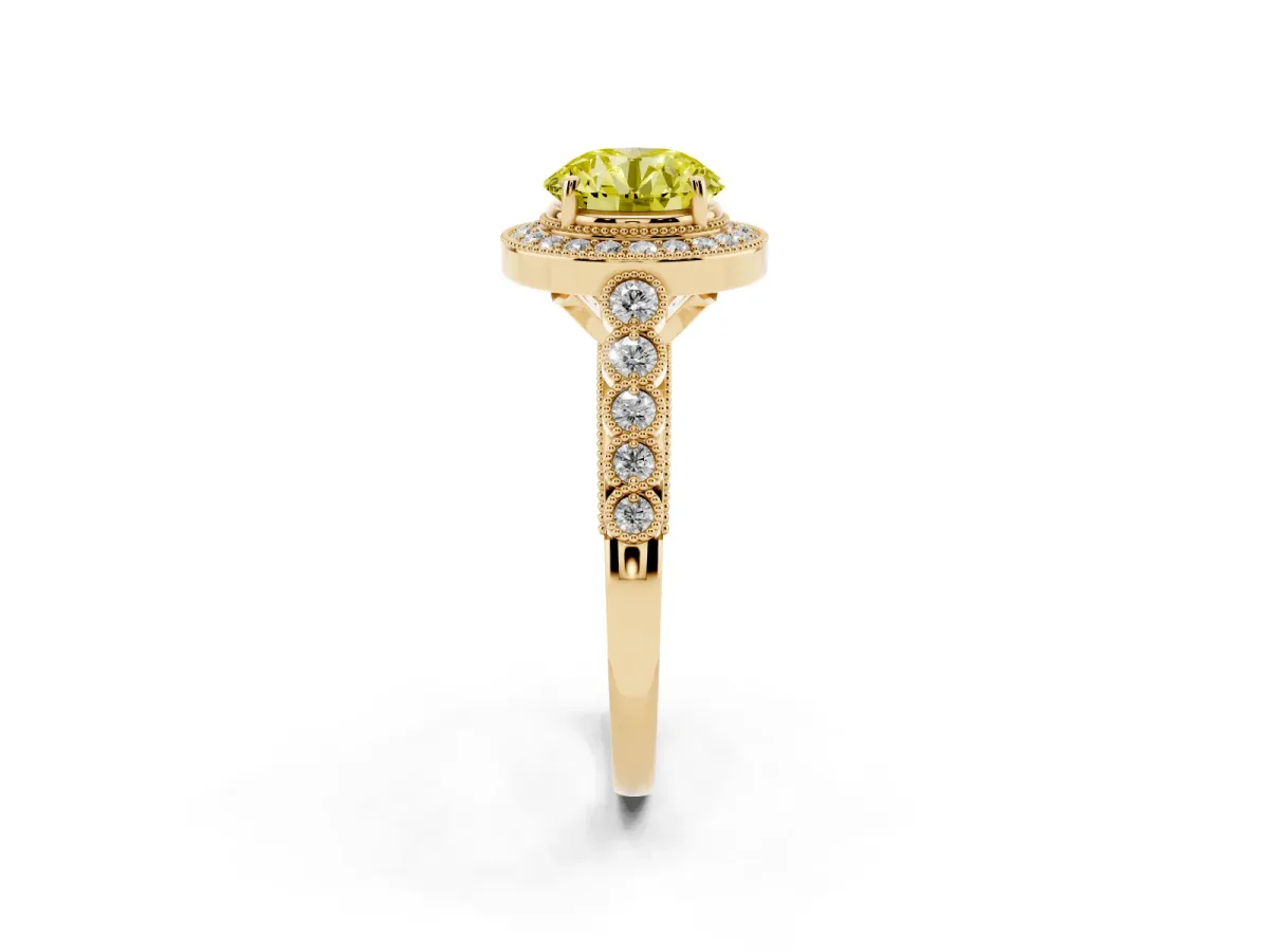 Fancy Yellow Round Cut Halo Milgrain Solitaire with Bezel Set Side Stones and Pave Band Yellow gold
