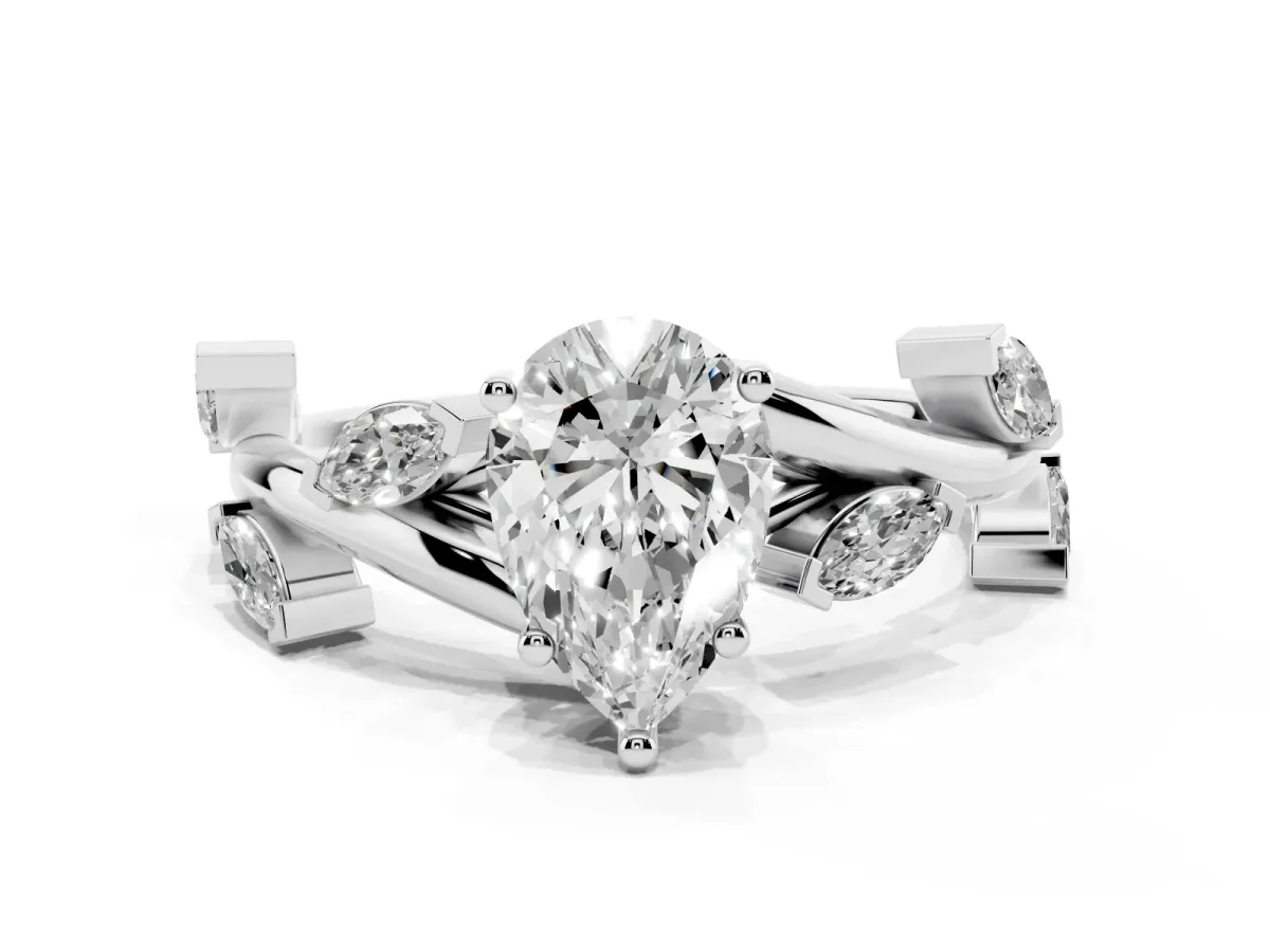 Pear Cut Solitaire Twisted Band Marquise Accent Prong Setting Ring White gold