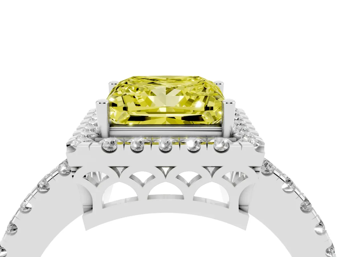Fancy Yellow Princess Cut Halo Diamond Engagement Ring with Pavé Band and Four-Prong Setting Silver