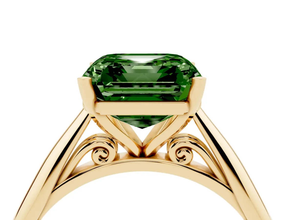 Fancy Green Asscher Cut Diamond Solitaire Engagement Ring with Cathedral Setting and Four-Prong Mount Yellow gold