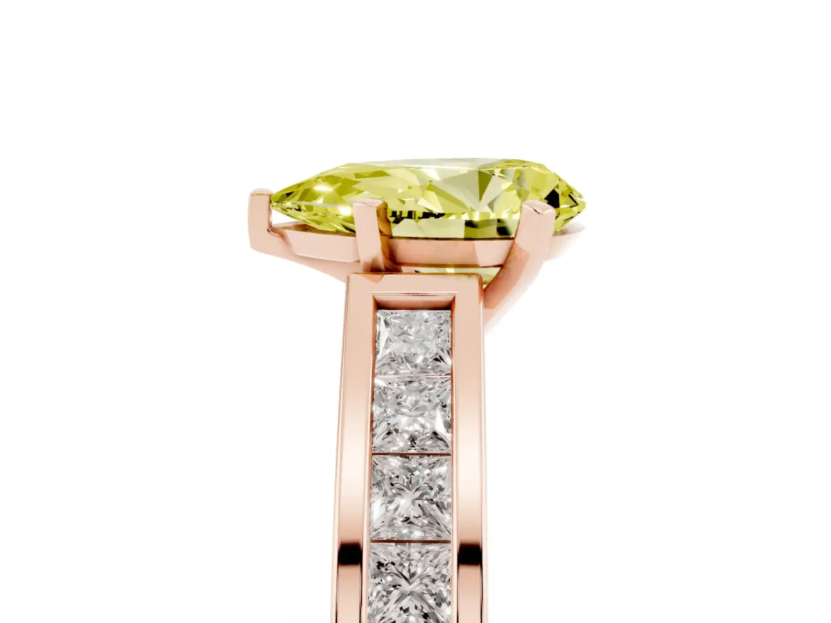 Fancy Yellow Pear Cut Solitaire Diamond Ring with Channel-Set Band and Four-Prong Setting Rose gold