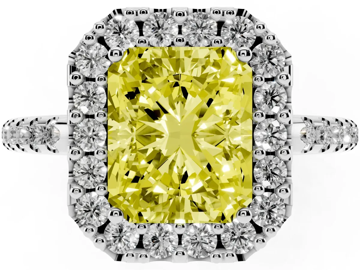 Fancy Yellow Radiant Cut Diamond Pavé Halo Ring with Four-Prong Setting Silver