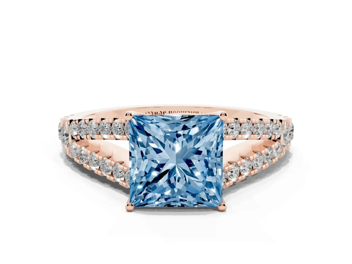 Fancy Blue Princess Cut Diamond Split Shank Pavé Engagement Ring with Four-Prong Setting Rose gold