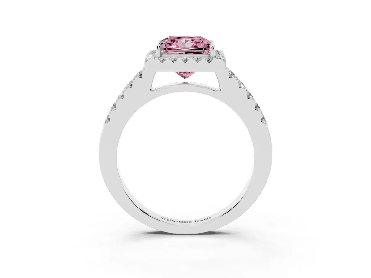 Fancy Pink Princess Cut Halo Diamond Pavé Solitaire Ring Platinum
