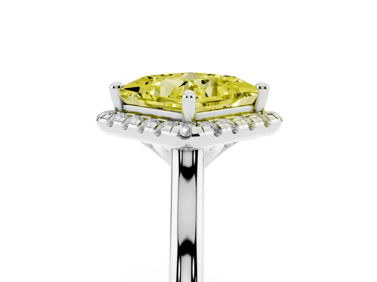 Fancy Yellow Princess Cut Halo Round Diamond Solitaire Engagement Ring with Pave Band and Four-Prong Setting Silver