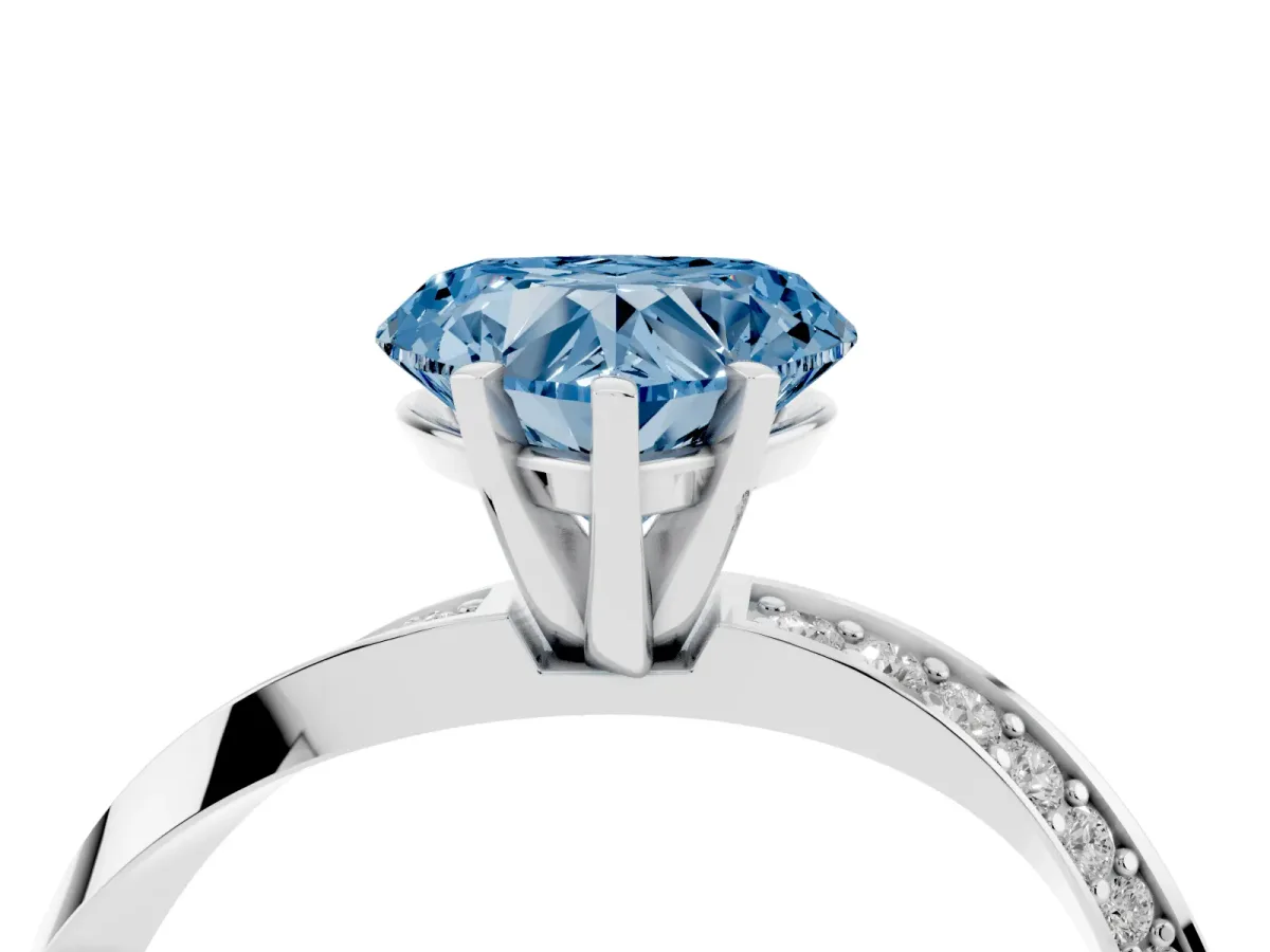 Fancy Blue Heart Cut Diamond Engagement Ring with Side Stone Accents and Four-Prong Setting Silver