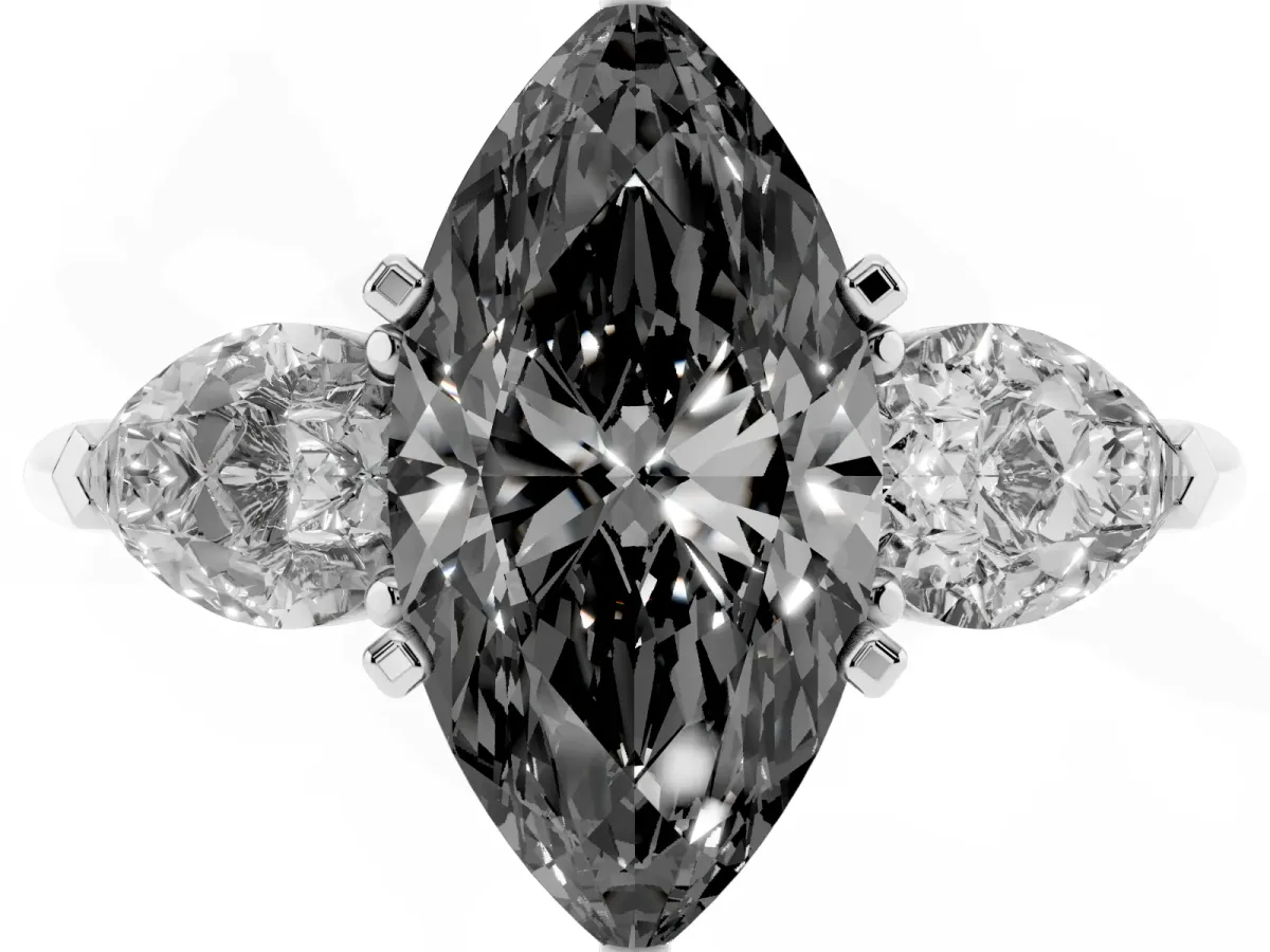 Fancy Black Three-Stone Marquise Cut Diamond Ring with Pear Side Stones and Four-Prong Setting Silver