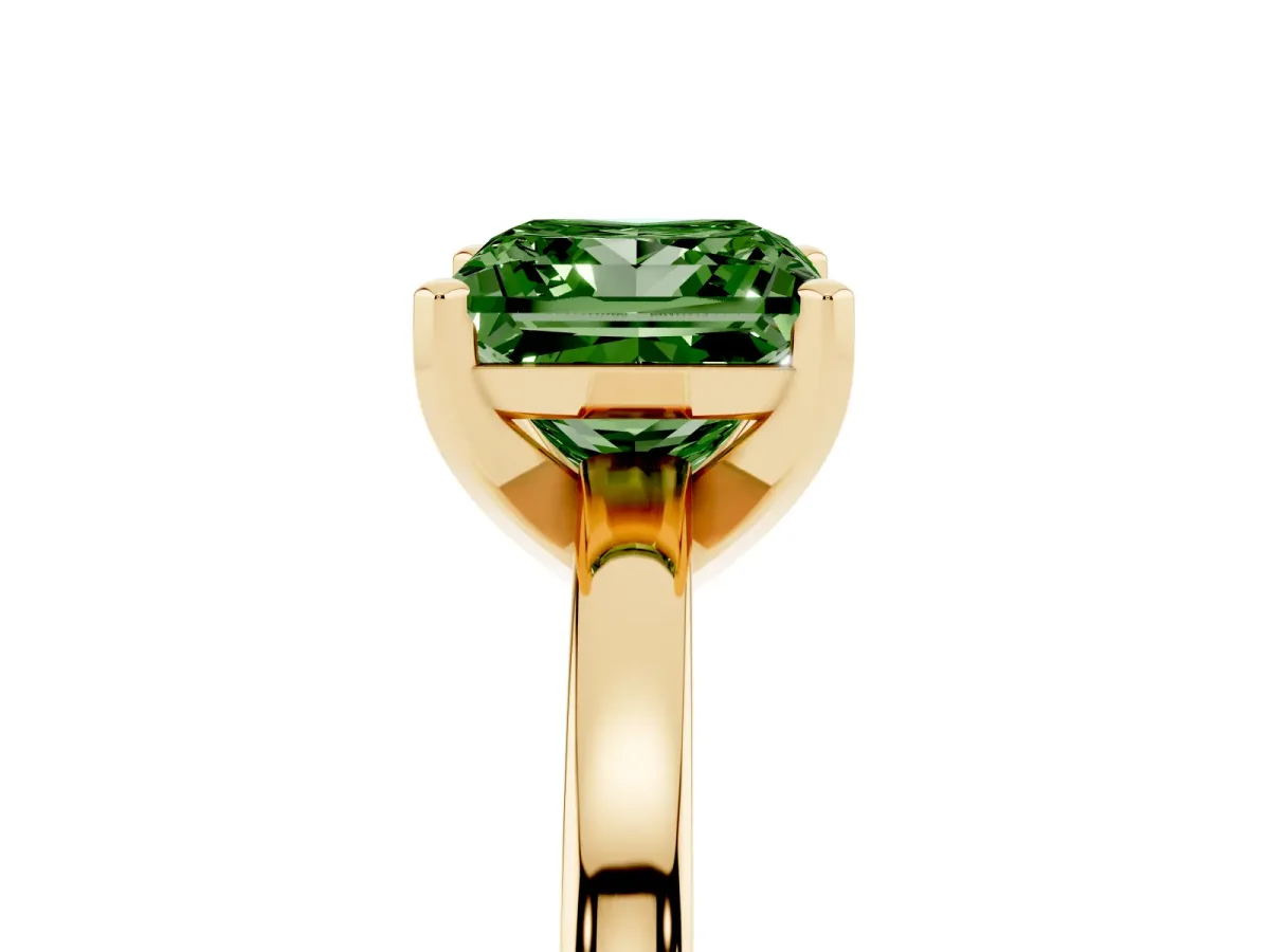 Fancy Green Princess Cut Solitaire Diamond Engagement Ring with Four-Prong Setting on a Classic Band Yellow gold