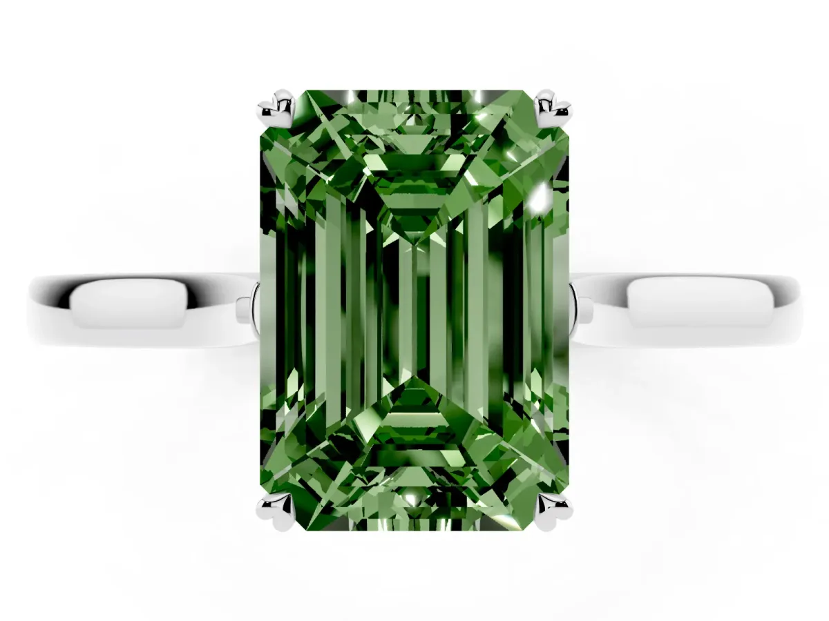 Fancy Green Emerald Cut Solitaire Heart Prong Engagement Ring with Tapered Band White gold