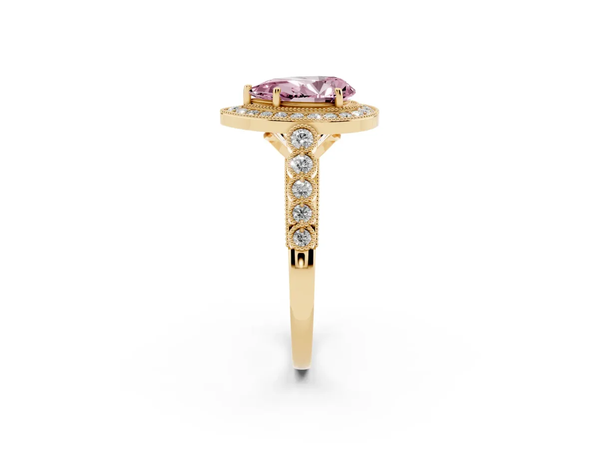 Fancy Pink Pear Cut Halo Twist Band Solitaire Ring with Six-Prong Setting Yellow gold