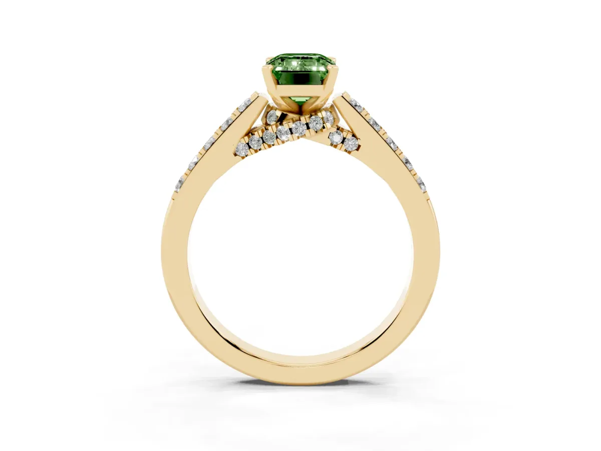 Fancy Green Emerald Cut Diamond Solitaire Ring with Crossover Gallery and Round Pavé Band Yellow gold