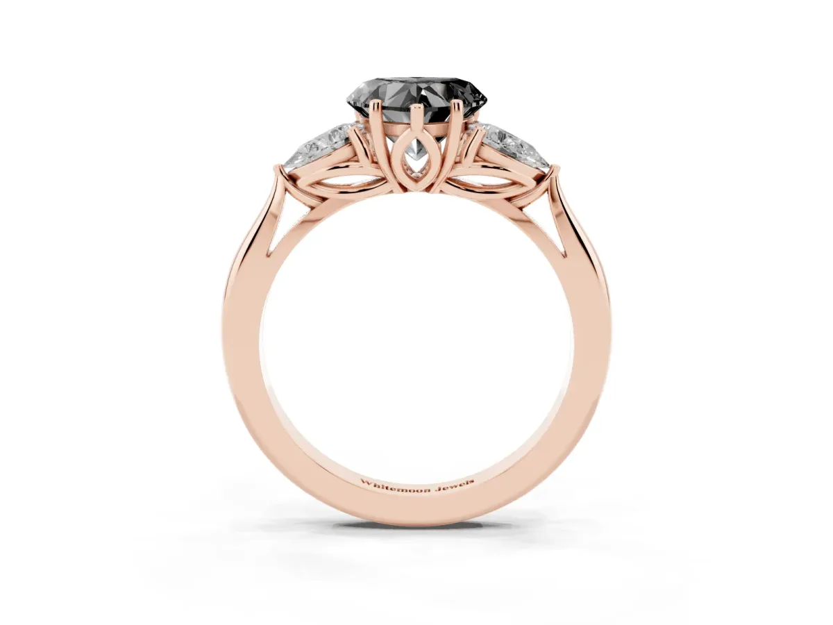 Fancy Black Three-Stone Heart Cut Brilliant Diamond Solitaire Ring with Tapered Band and Four-Prong Setting Rose gold
