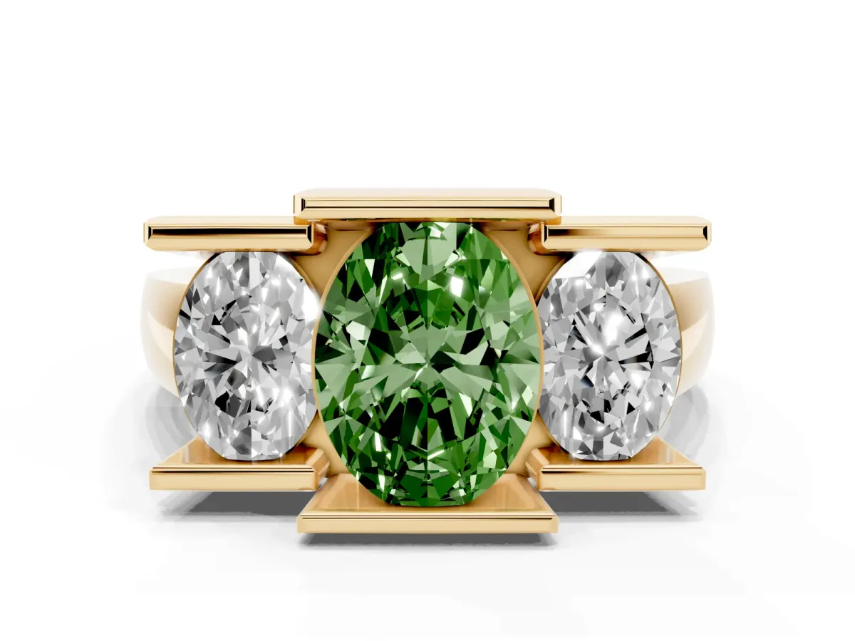 Fancy Green Three Stone Oval Cut Cut Channel Set Diamond Ring Yellow gold