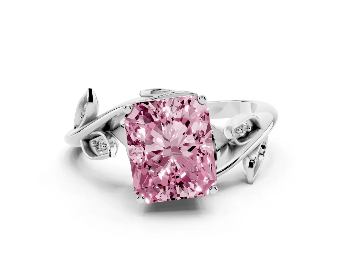 Fancy Pink Radiant Cut Solitaire Twist Engagement Ring with Leaf Accents and Prong Setting White gold
