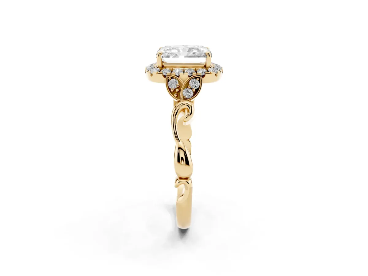 Radiant Cut Halo Diamond Engagement Ring with Vintage-Inspired Band and Four-Prong Setting Yellow gold