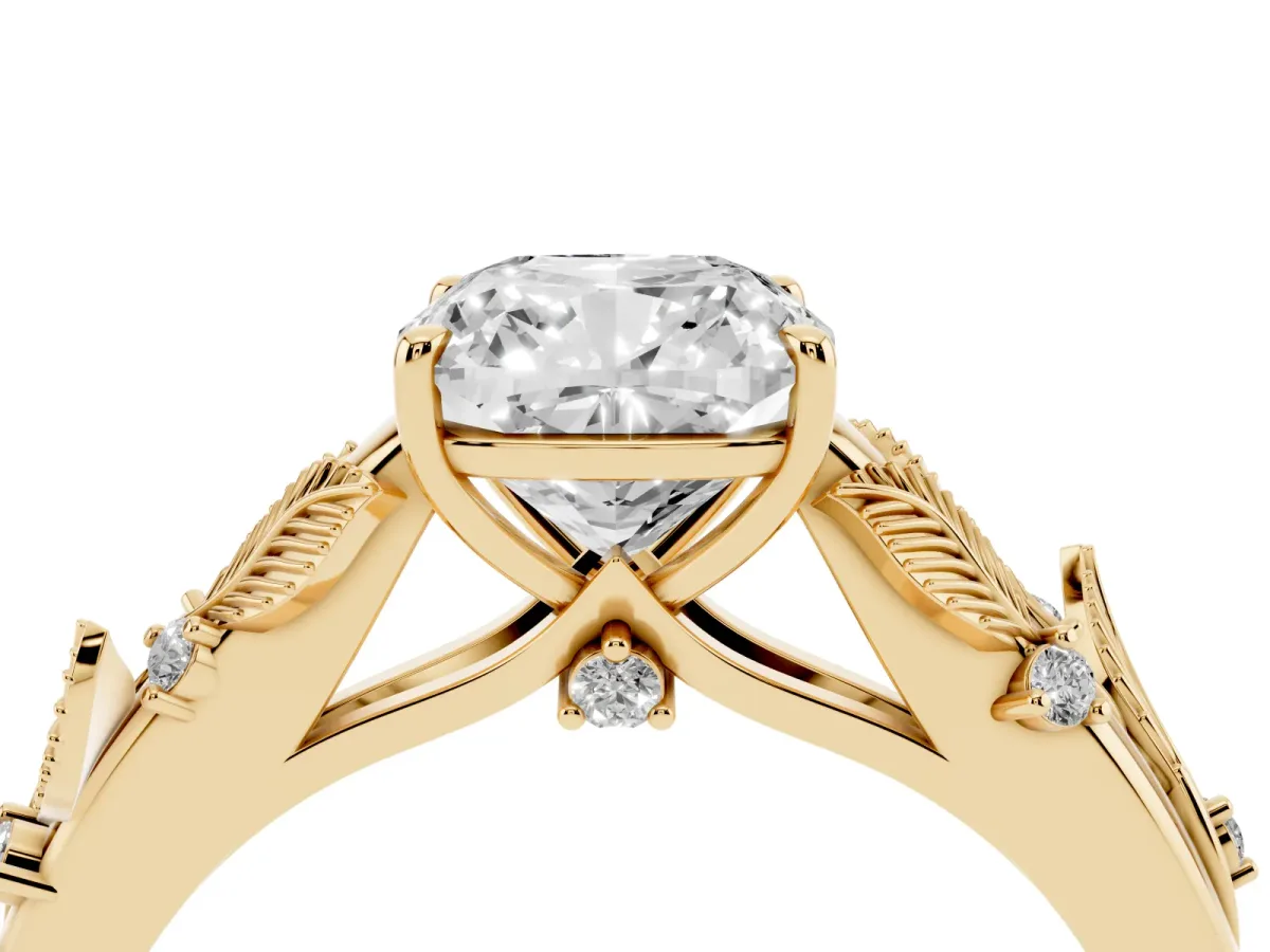 Cushion Cut Diamond Solitaire Ring with Leaf Motif Band and Four-Prong Setting Yellow gold