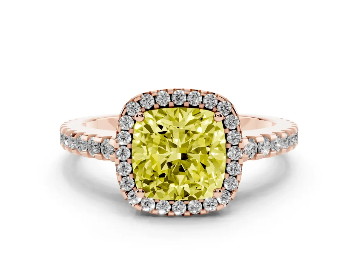 Fancy Yellow Cushion Cut Diamond Halo Engagement Ring with Pavé Band and Prong Setting Rose gold