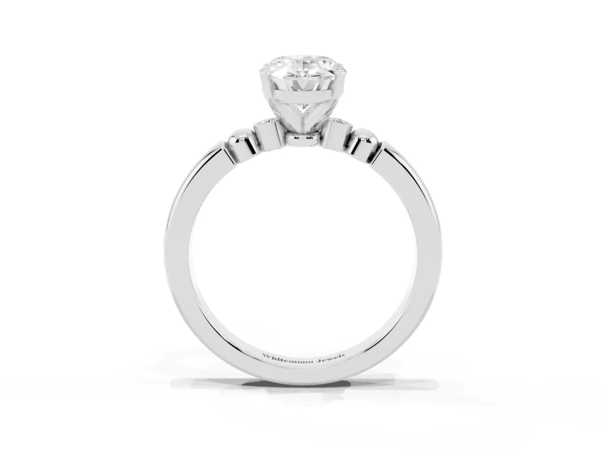 Oval Cut Solitaire Beaded Band with Four-Prong Setting White gold