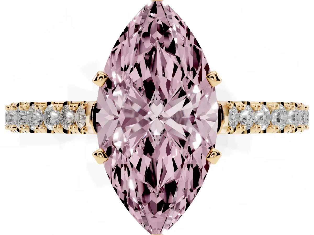 Fancy Pink Marquise Cut Cut Solitaire Diamond Engagement Ring with Pave Band and Four-Prong Setting Yellow gold