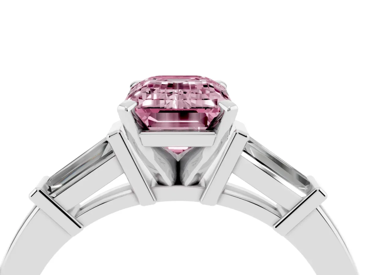 Fancy Pink Emerald Cut Cut Diamond Solitaire Ring with Tapered Baguette Accents and Four-Prong Setting White gold