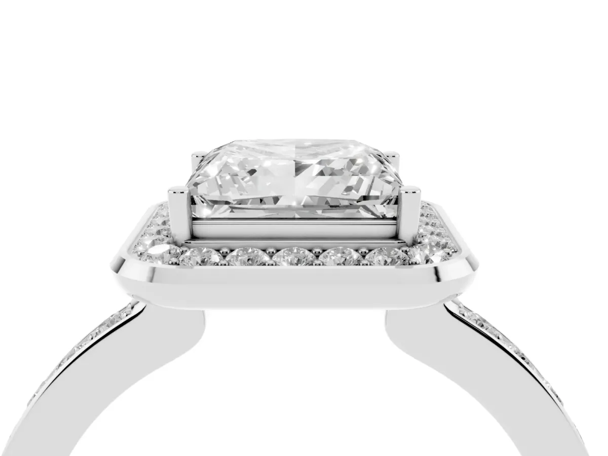 Princess Cut Diamond Halo Ring with Bezel Frame and Pavé Band Silver