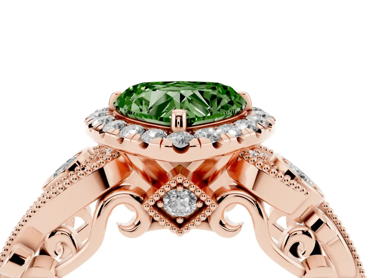 Fancy Green Heart Cut Halo Diamond Ring with Milgrain and Bezel Accents on a Split Shank Band Rose gold