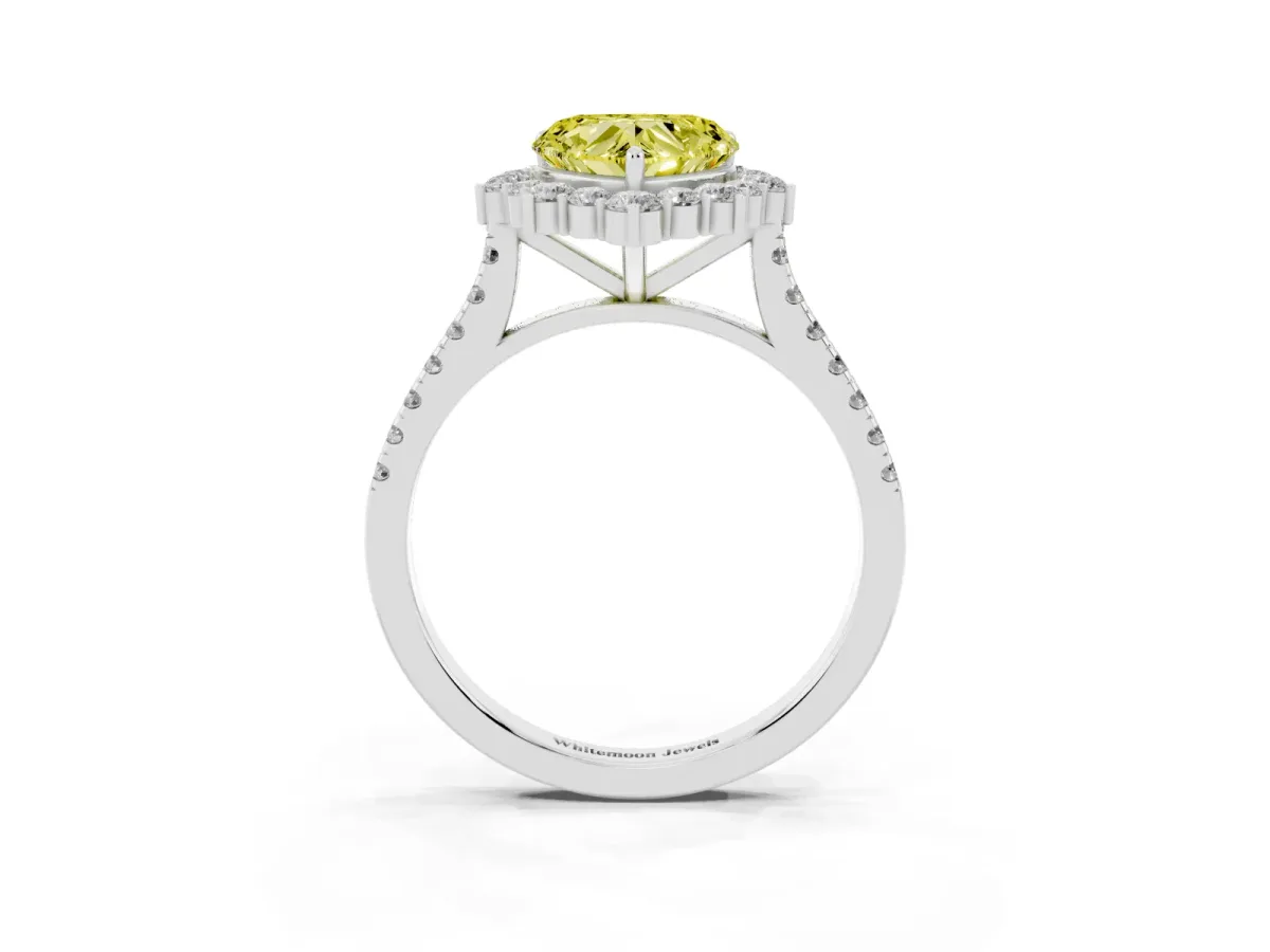 Fancy Yellow Heart Cut Halo Diamond Ring with Pavé Band and Prong Setting Silver