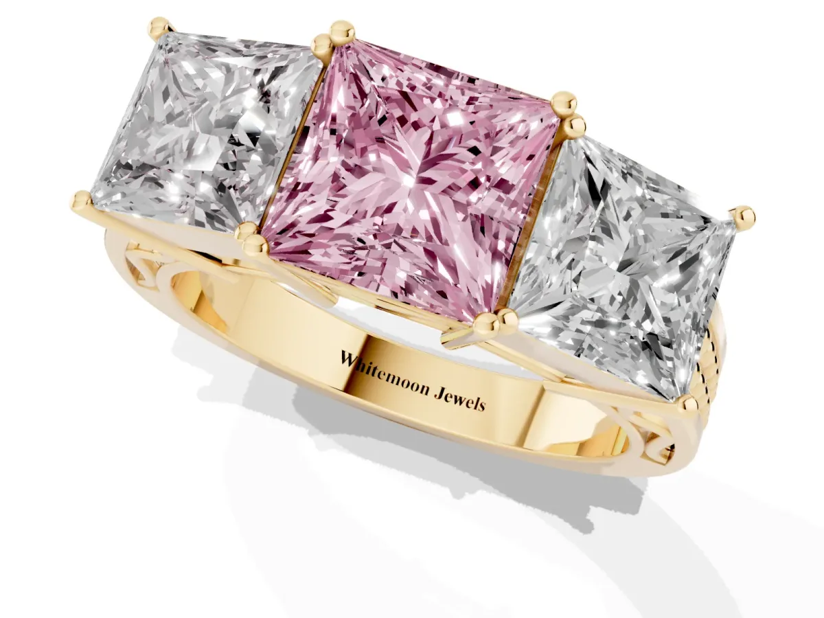 Fancy Pink Princess Cut Diamond Three-Stone Ring with Prong Setting and Textured Band Yellow gold