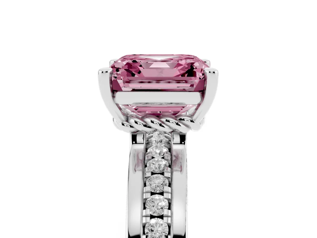 Fancy Pink Asscher Cut Solitaire Diamond Ring with Channel Set Band and Six-Prong Setting White gold