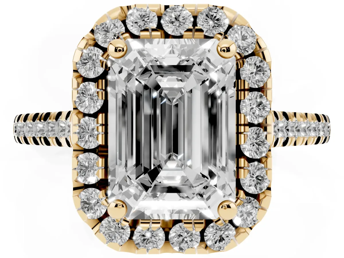 Emerald Cut Diamond Cushion Halo Ring with Pavé Band Yellow gold