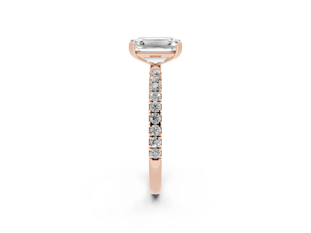 Emerald Cut Brilliant Solitaire with Pavé Band and Claw Prong Setting Rose gold