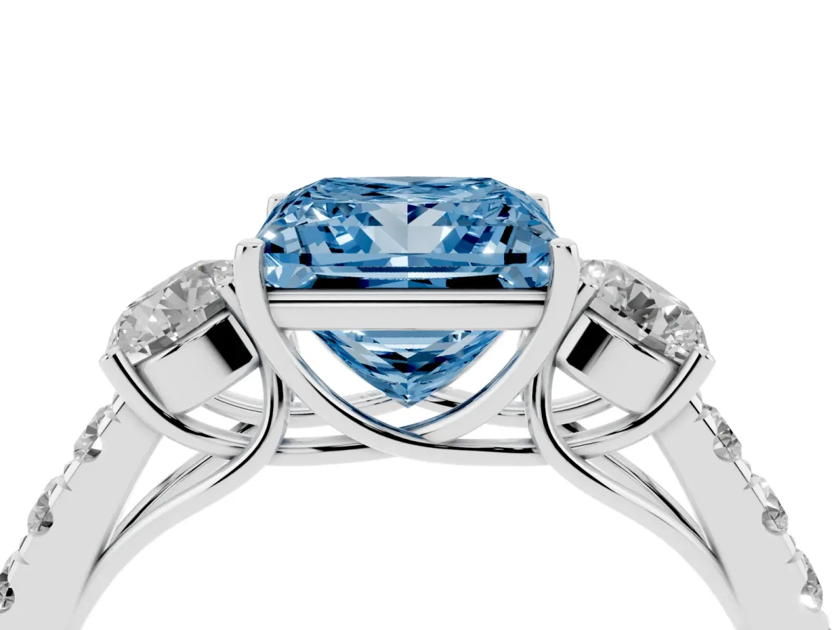 Fancy Blue Princess Cut Cut Diamond Three-Stone Ring with Round Side Stones and Pavé Band Platinum
