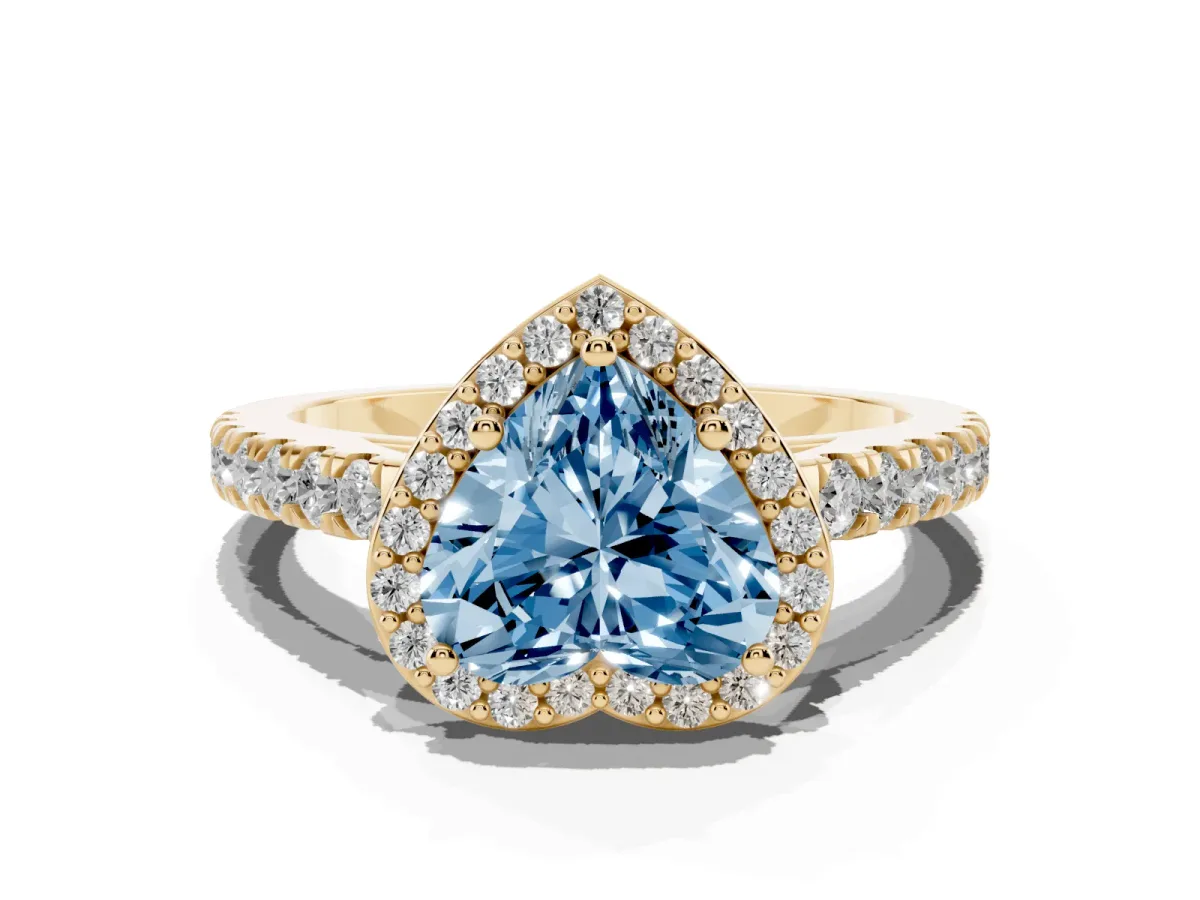 Fancy Blue Heart Cut Cut Halo Diamond Engagement Ring with Pave Band and Four-Prong Setting Yellow gold