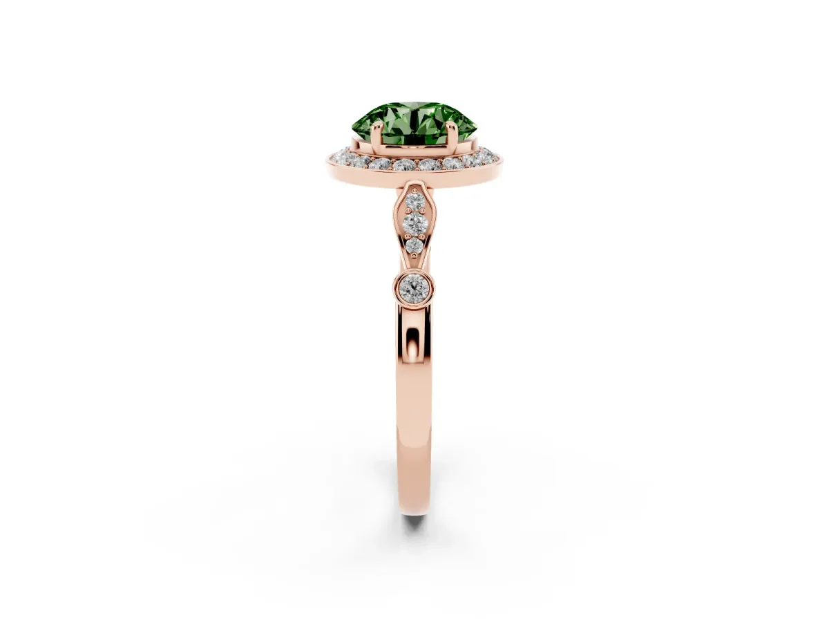 Fancy Green Round Cut Halo Diamond Engagement Ring with Twisted Band and Four-Prong Setting Rose gold