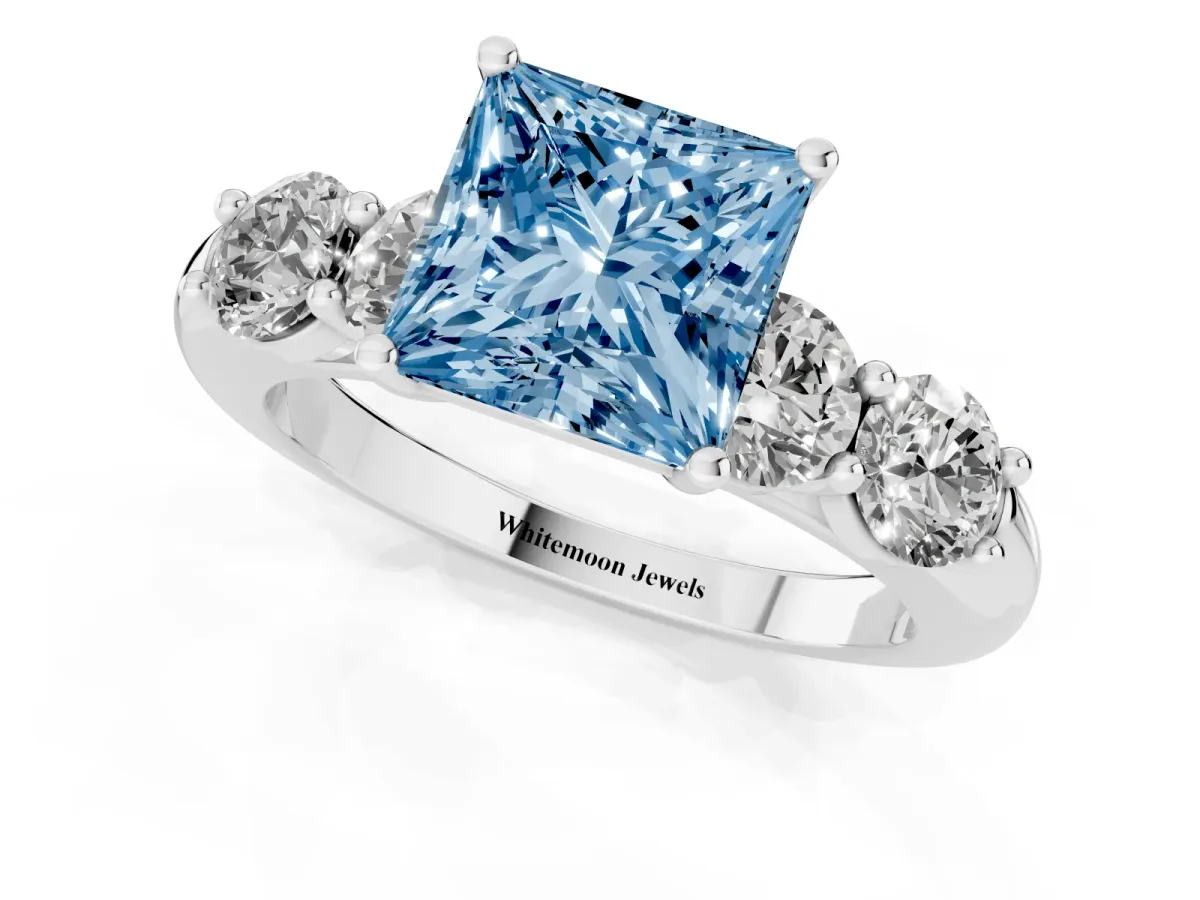 Fancy Blue Princess Cut Cut Five-Stone Prong Set Diamond Ring with Classic Band Silver