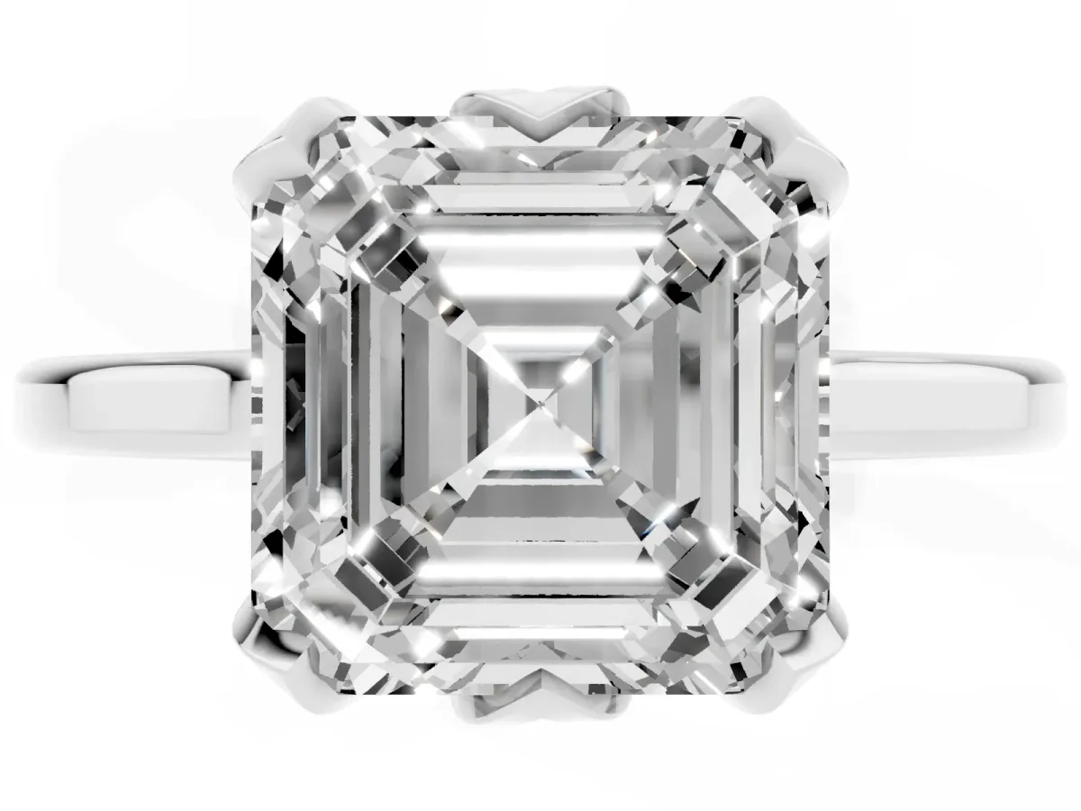 Asscher Cut Diamond Solitaire Ring with Flower Prong Setting and Classic Band Silver