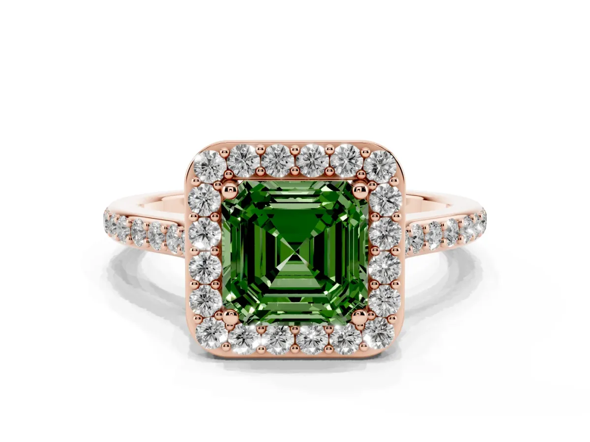 Fancy Green Asscher Cut Diamond Halo Engagement Ring with Round Pavé Shoulders and Prong Setting Rose gold
