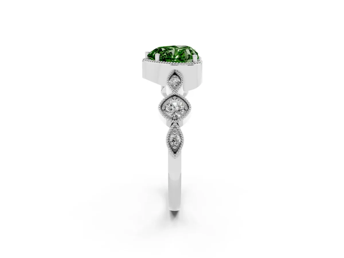Fancy Green Heart Cut Diamond Vintage Milgrain Ring with Round Stations Silver