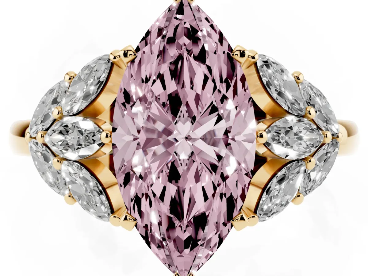 Fancy Pink Marquise Cut Diamond Cluster Leaf Design Ring with Prong Setting Yellow gold