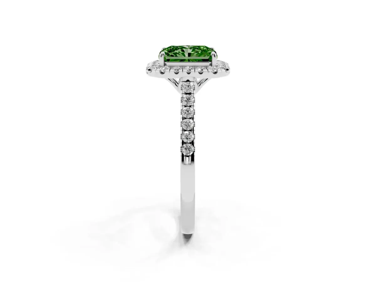 Fancy Green Radiant Cut Halo Pavé Diamond Engagement Ring with Four-Prong Setting Silver