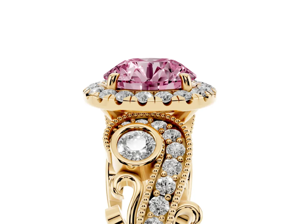Fancy Pink Round Cut Halo Diamond Ring with Milgrain and Bezel Accents on a Split Shank Band Yellow gold