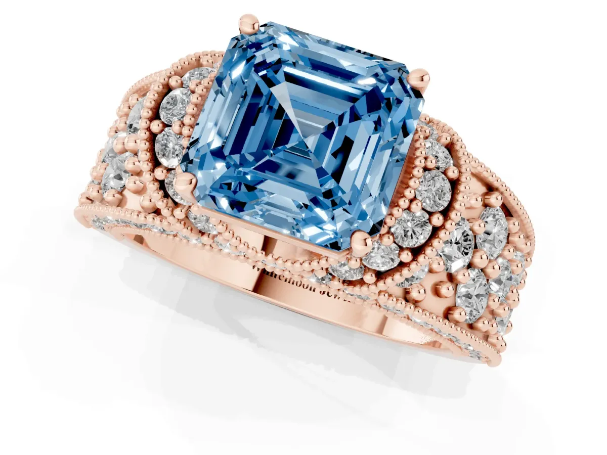 Fancy Blue Asscher Cut Halo Pave Diamond Engagement Ring with Milgrain Detailing Rose gold