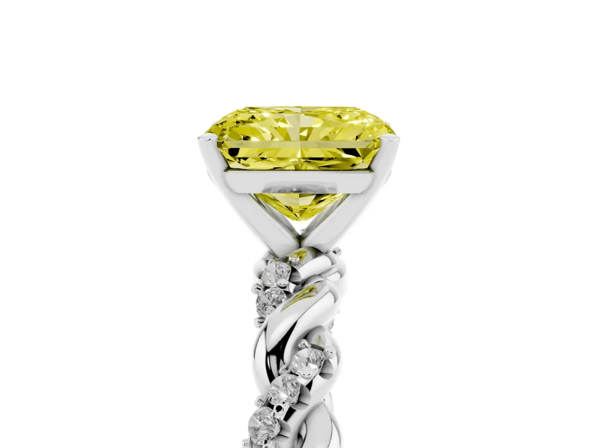 Fancy Yellow Radiant Cut Diamond Solitaire Ring with Twisted Band and Pavé Accents Platinum