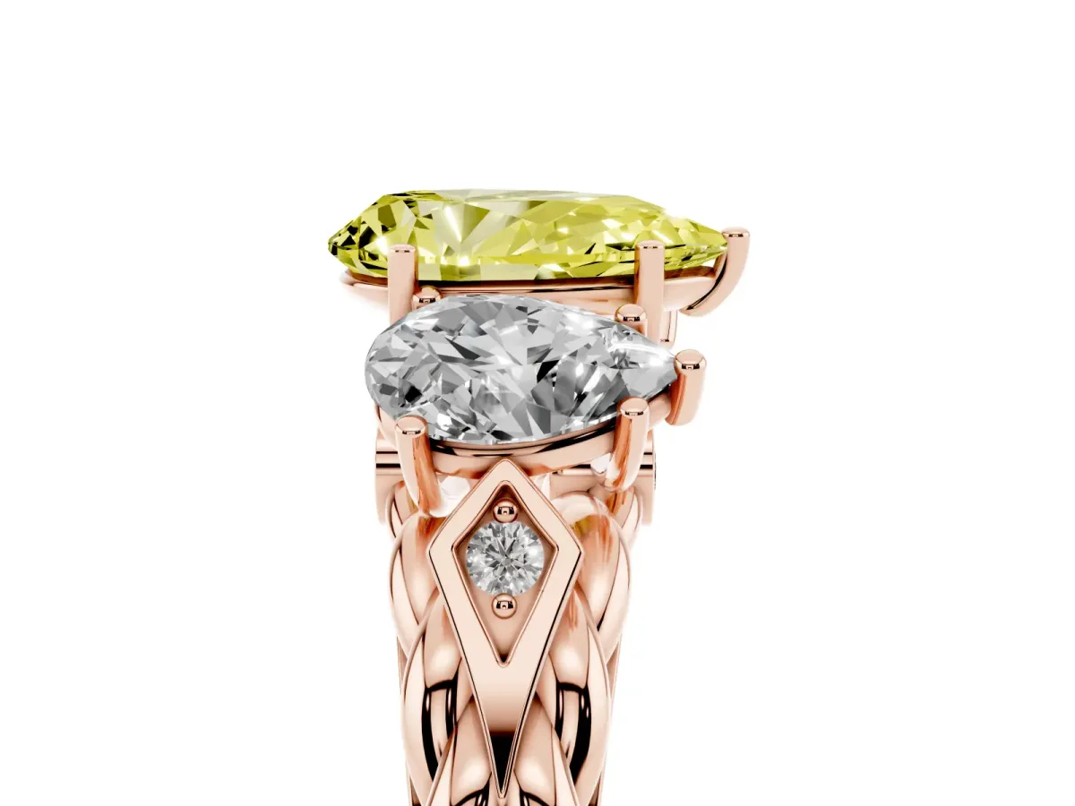 Fancy Yellow Three-Stone Pear Cut Diamond Braided Band Ring with Four-Prong Setting Rose gold