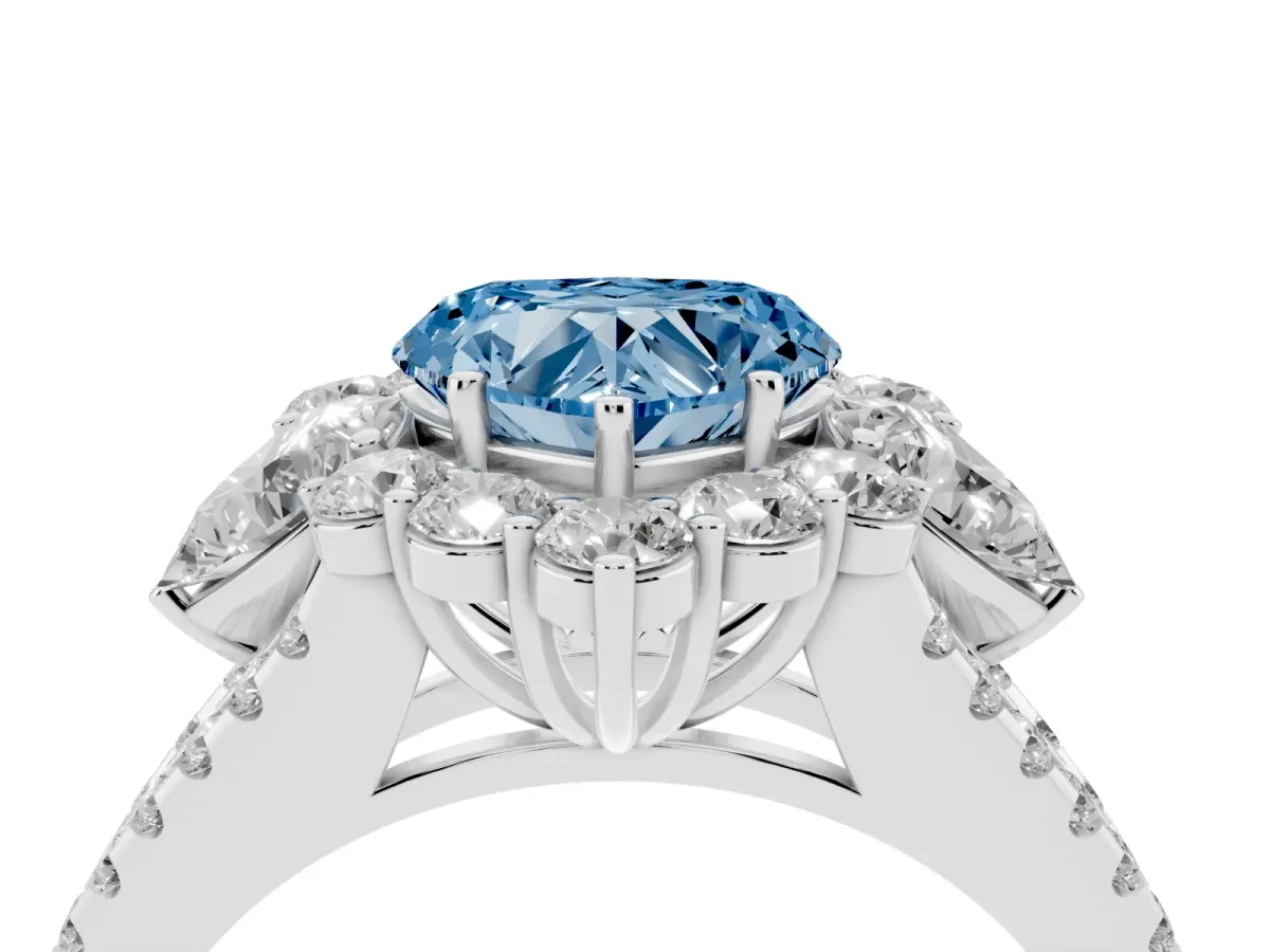 Fancy Blue Heart Cut Halo Split Shank Diamond Engagement Ring with Prong Setting Silver