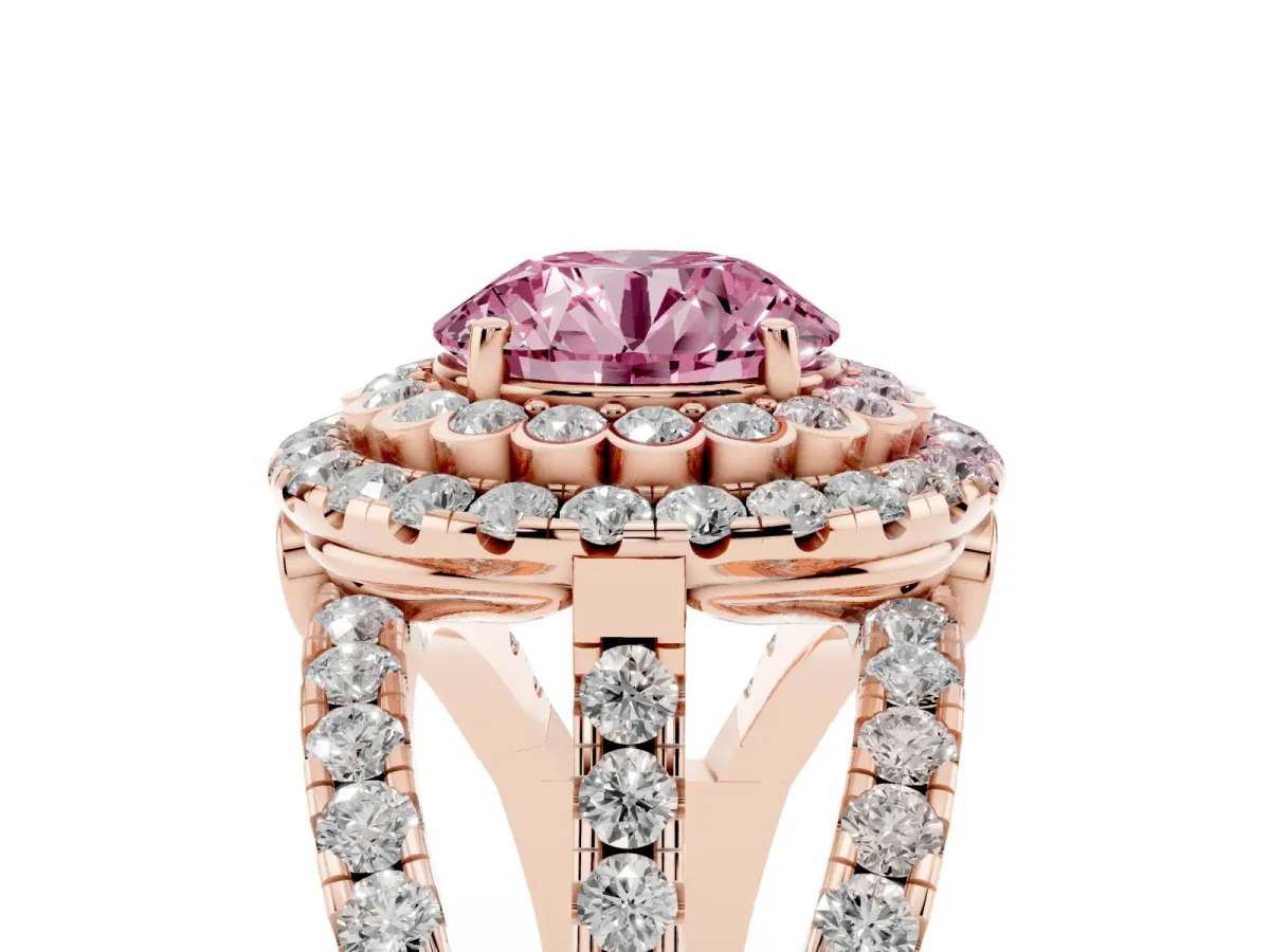 Fancy Pink Round Cut Diamond Double Halo Ring with Round Pavé Split Shank and Prong Setting Rose gold