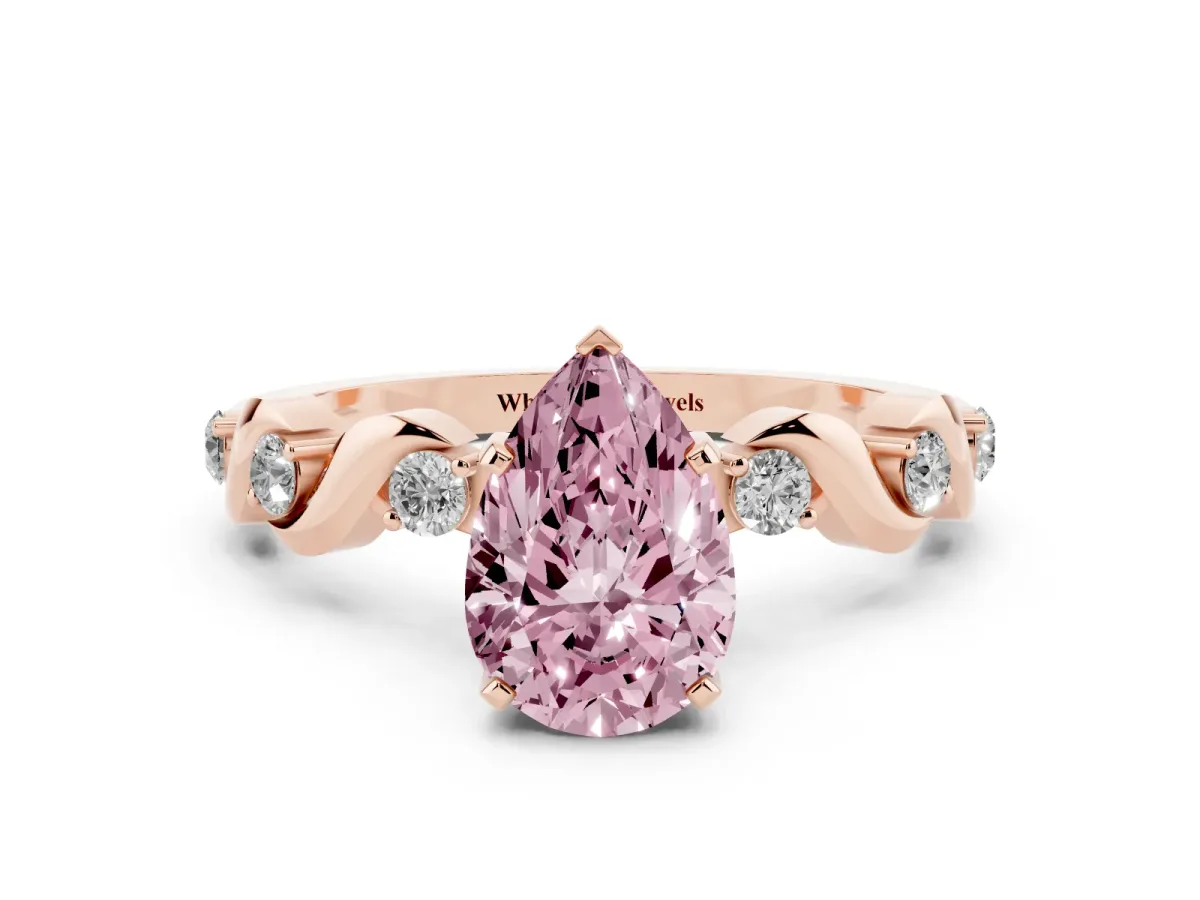 Fancy Pink Pear Cut Diamond Solitaire Twisted Band with Round Accents and Prong Setting Rose gold
