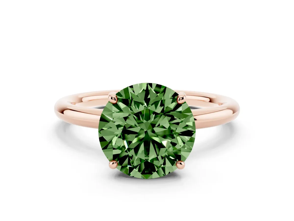Fancy Green Round Cut Solitaire Diamond Ring with Four-Prong Setting on a Plain Band Rose gold