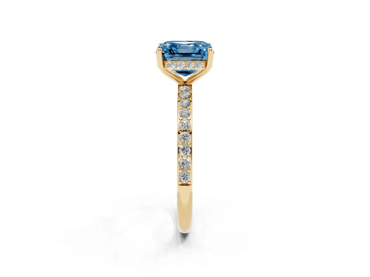 Fancy Blue Asscher Cut Cut Diamond Pavé Band Ring with Four-Prong Setting Yellow gold