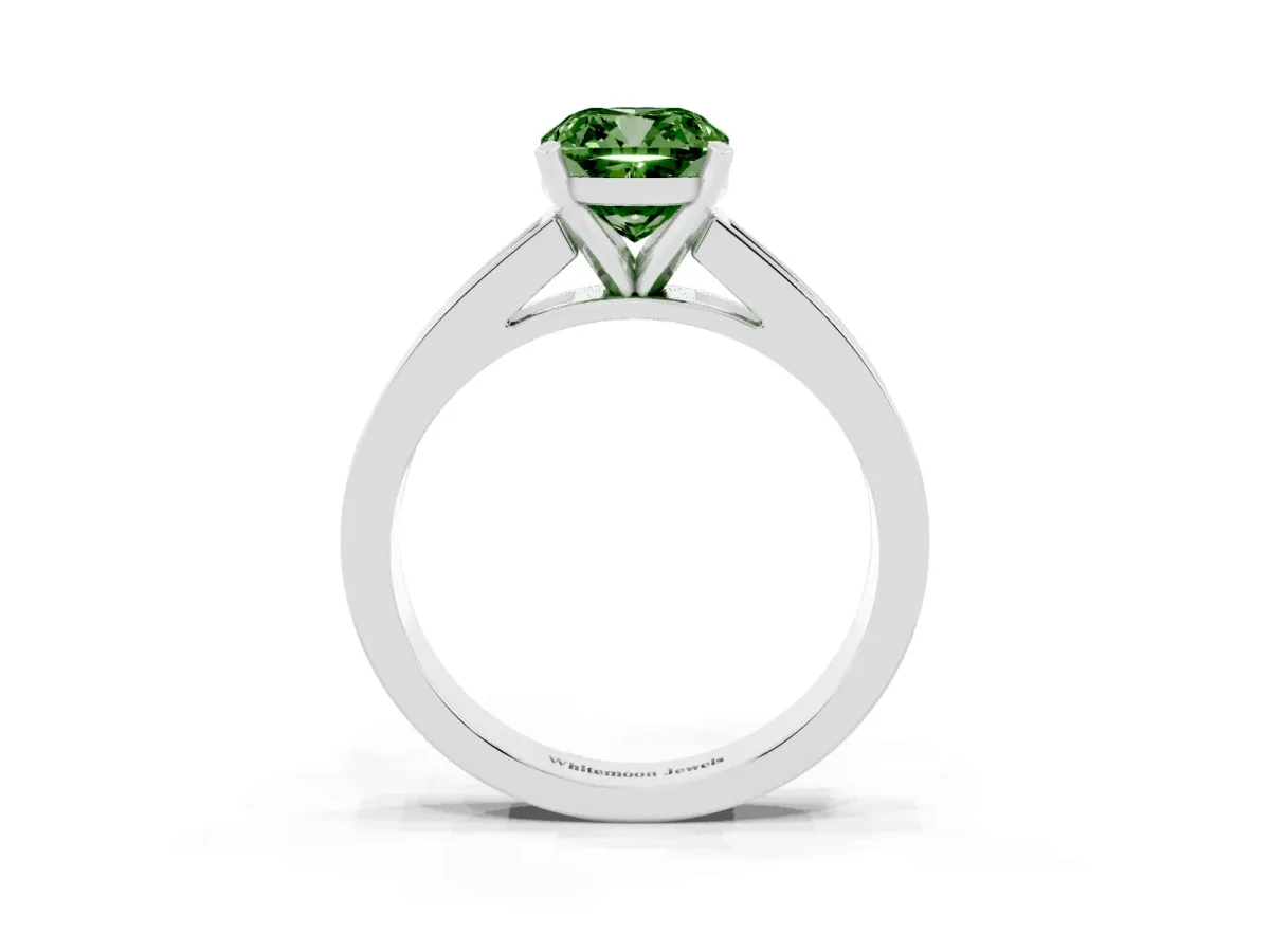 Fancy Green Cushion Cut Solitaire Diamond Ring with Channel-Set Band and Four-Prong Setting White gold
